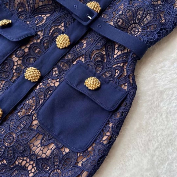 SELF PORTRAIT Collared Floral Guipure Belted Midi Dress - Picture 8 of 11